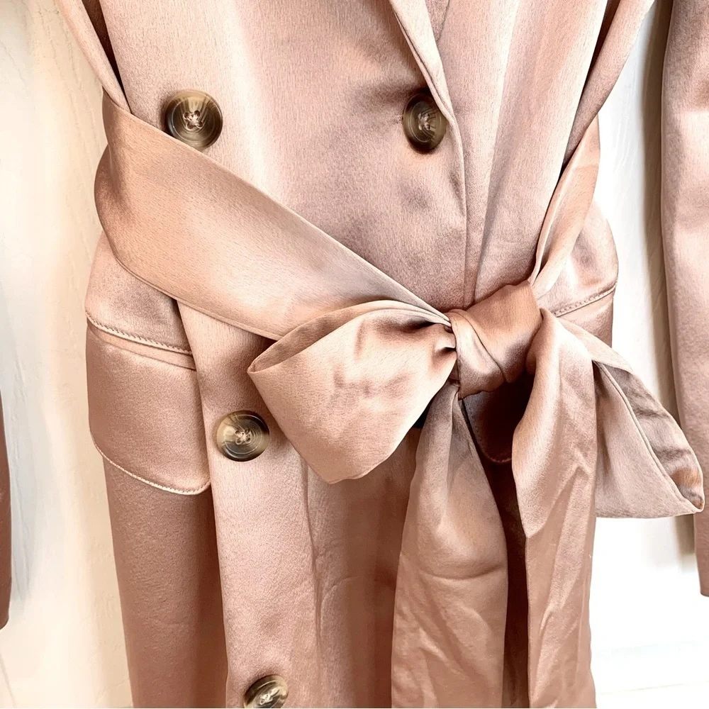 🌙 VS Beige Satin Double-Breasted Jacket Trench Coat Lingerie Robe Style Dress